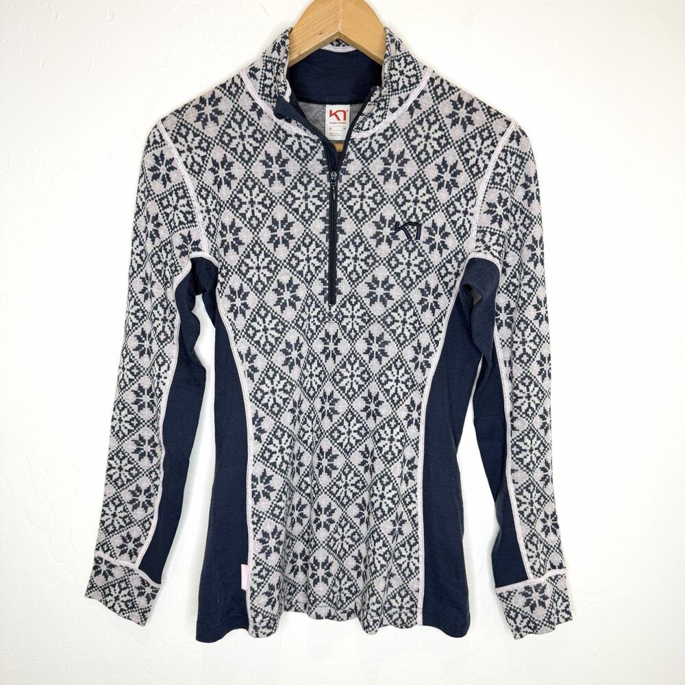 Kari Traa Rose Half Zip Base Layer Top Wool Womens Medium Navy Blue Fair Isle